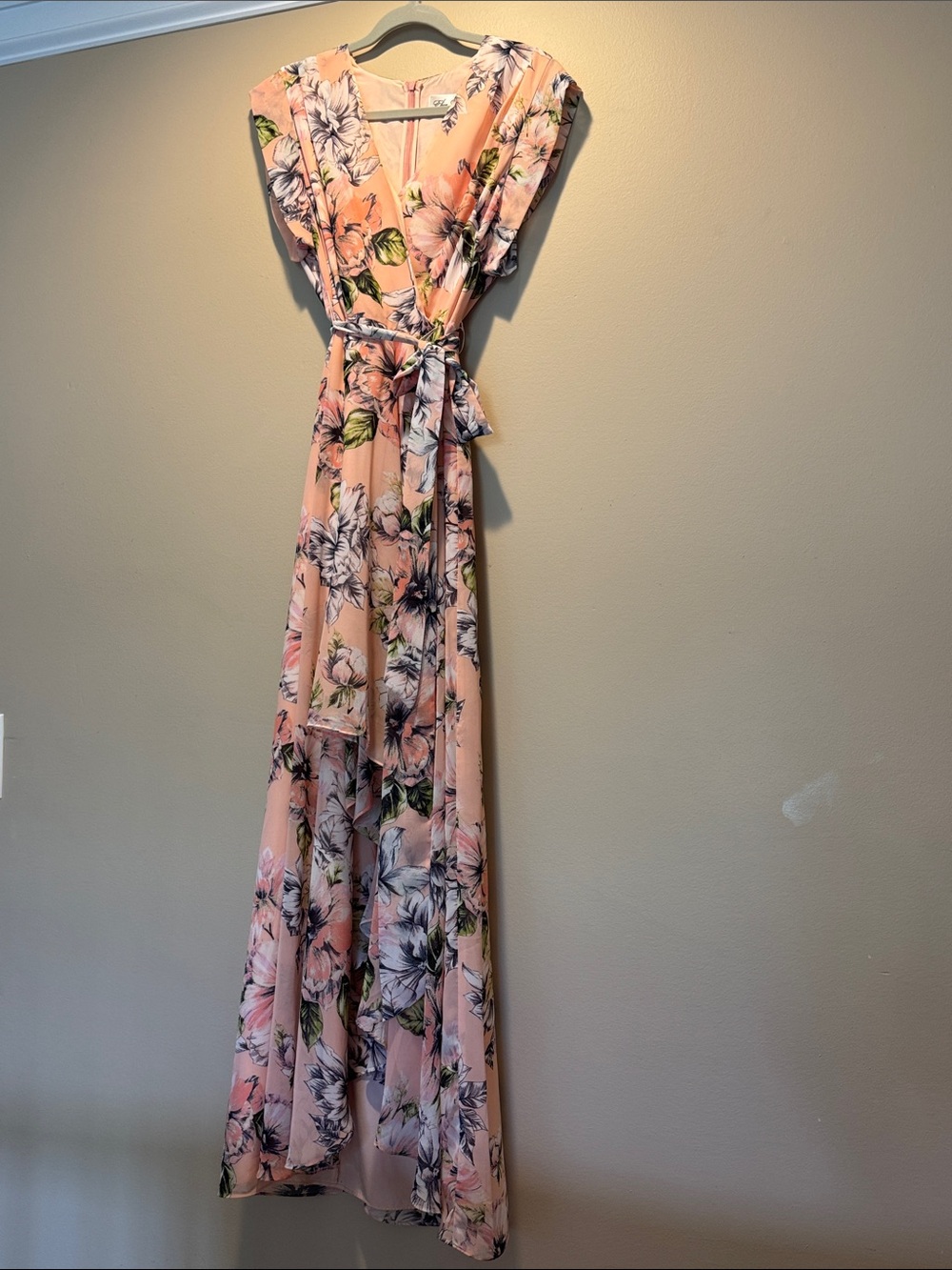 Eliza J Peach Floral Wrap Maxi with Tie Belt